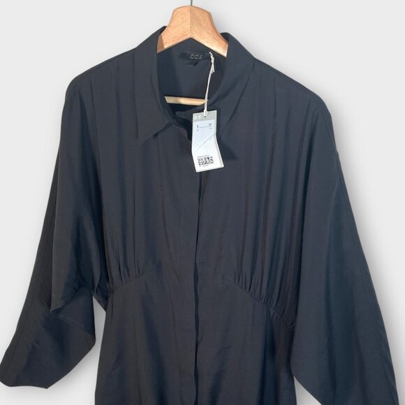 COS Gathered Shirt Dress 12 Black Scandi Girl Whimsigoth NEW - Picture 4 of 8